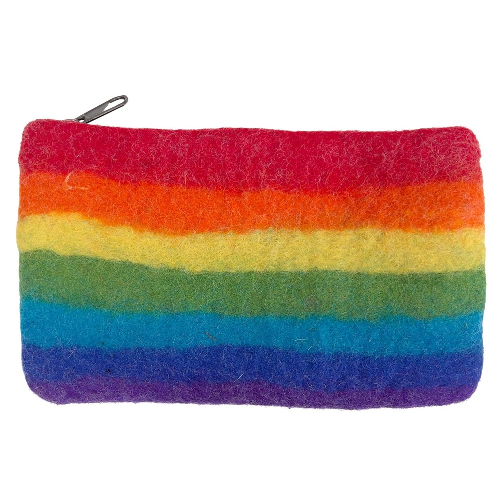 Rainbow Stripe Felted Wool Zip Pouch Boho Pride Cosmetic Pencil Bag Clutch 8.5x5